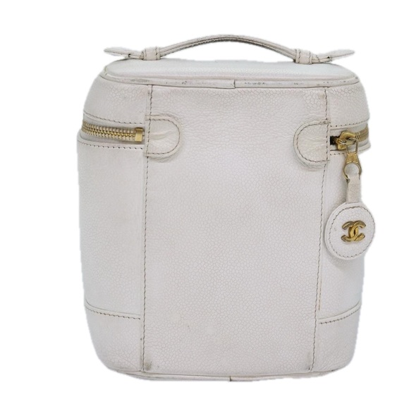 CHANEL COCO Mark Vanity Pouch Caviar Skin White Gold CC Auth yk14381 - Picture 2 of 16